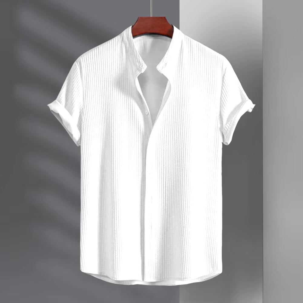 Retro Shirt Men Vintage Shirt Stylish Men'S Stand Collar Cardigan Shirt for Business Wear Short Sleeve Button-Down Top Solid