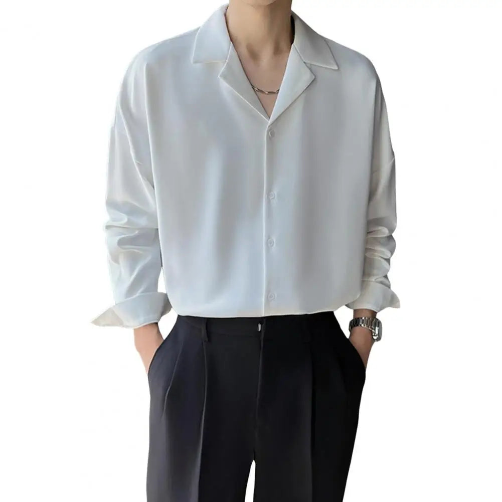 Men Clothing Senior Spring Cuban Neck Shirt for Men Solid Color Fashion Loose Casual Drop Long Sleeve Men Dress Shirt