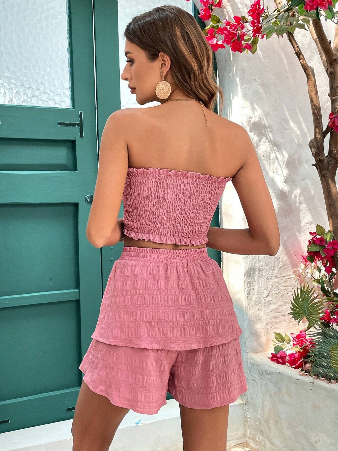 VCAY Women'S Summer Strapless Ruffle Hem Top and Tiered Shorts Casual Vacation Printed Outfit in Textured Fabric