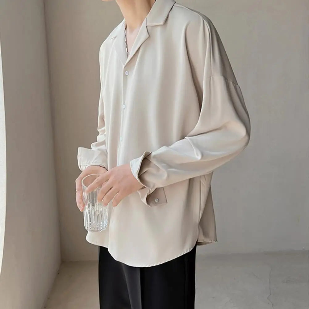 Men Clothing Senior Spring Cuban Neck Shirt for Men Solid Color Fashion Loose Casual Drop Long Sleeve Men Dress Shirt
