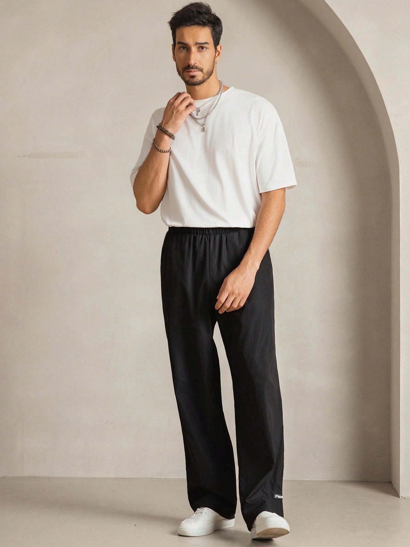 Manfinity VCAY Men'S Woven Casual Daily Relaxed Fit Solid Color Elastic Waist Straight Leg Pants