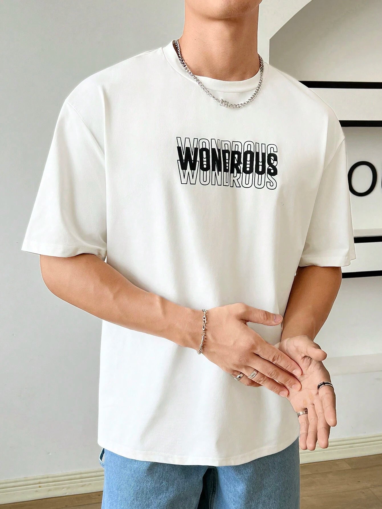 SWAVVY Loose Fit Men'S Elastic Knit T-Shirt with Slogan Print, Summer