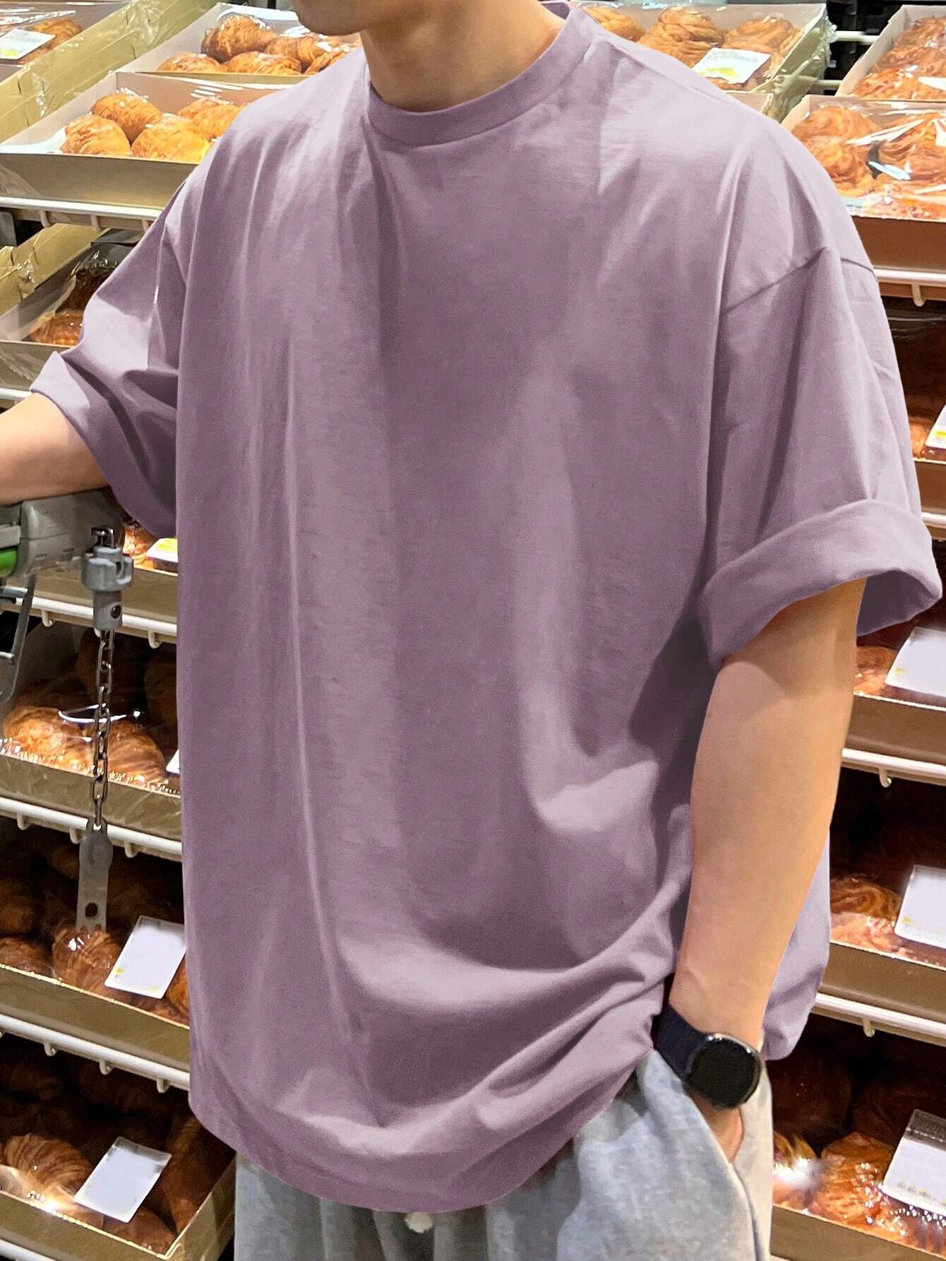 DAZY Men'S Solid Color Oversized round Neckline Drop-Shoulder Loose T-Shirt
