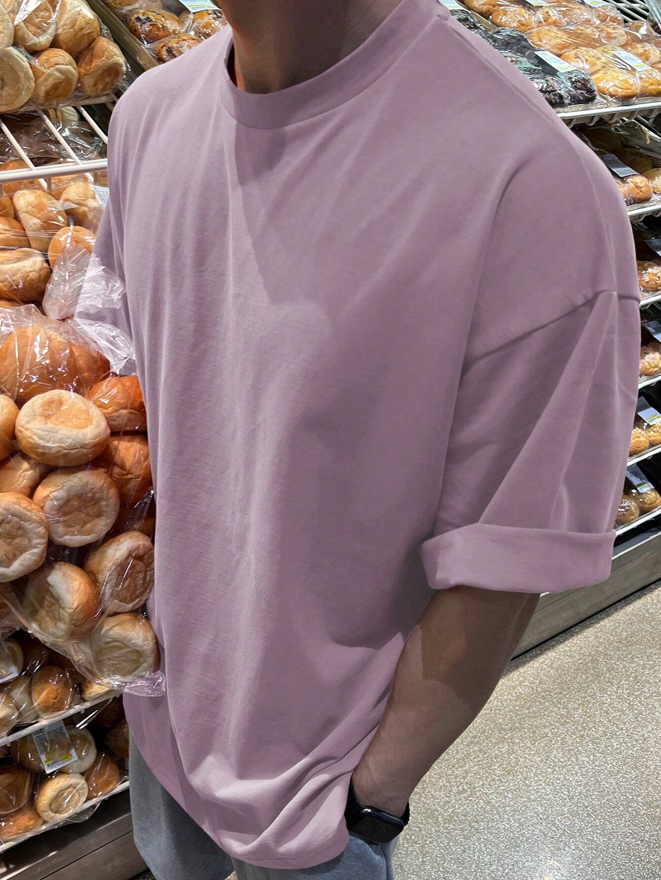 DAZY Men'S Solid Color Oversized round Neckline Drop-Shoulder Loose T-Shirt