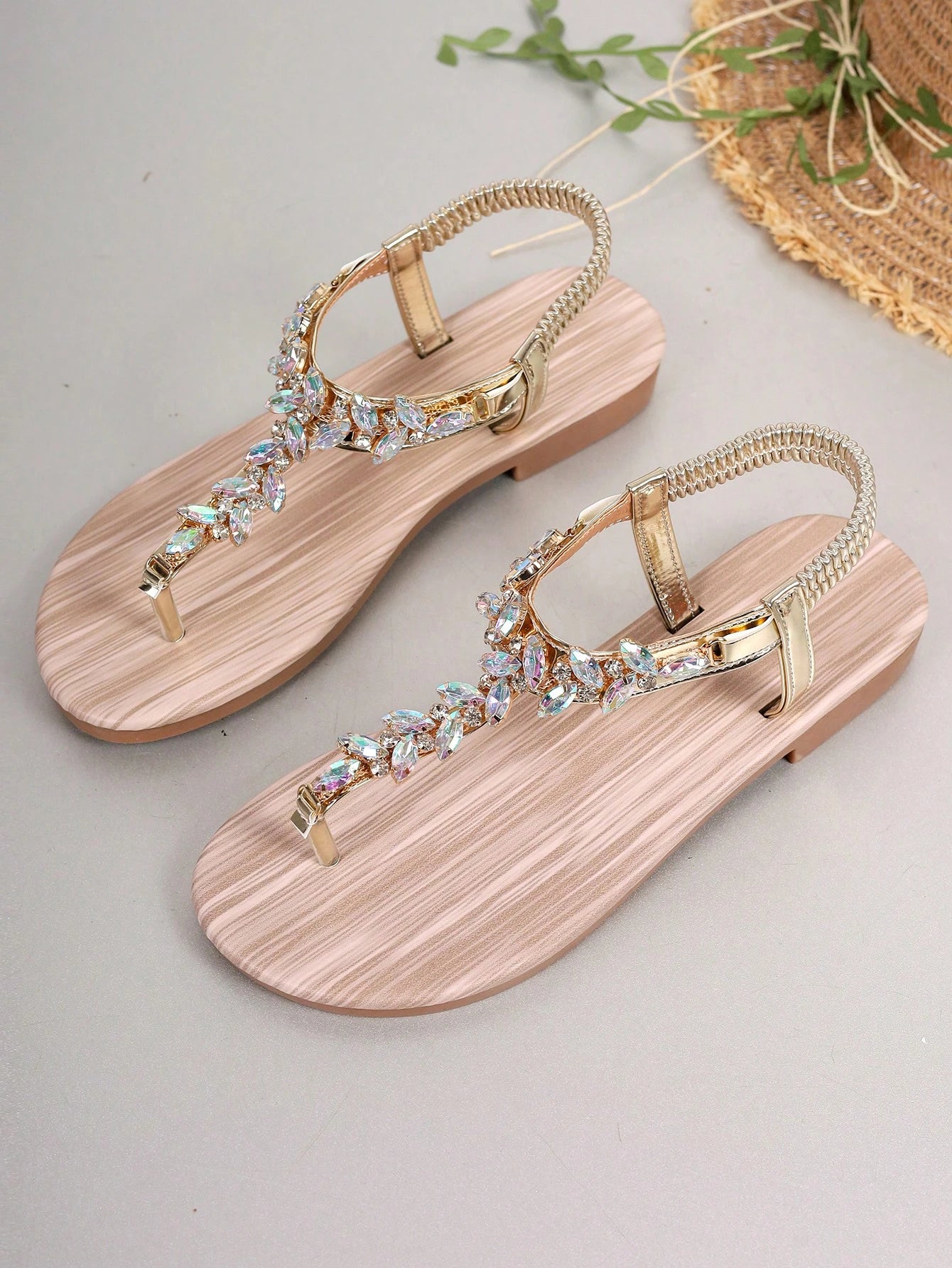 Gold Sandals Summer Women Shoes Roman Style Rhinestone Flat Heels Lightweight Slip-Ons Sexy Bohemian Beach Party Sandals