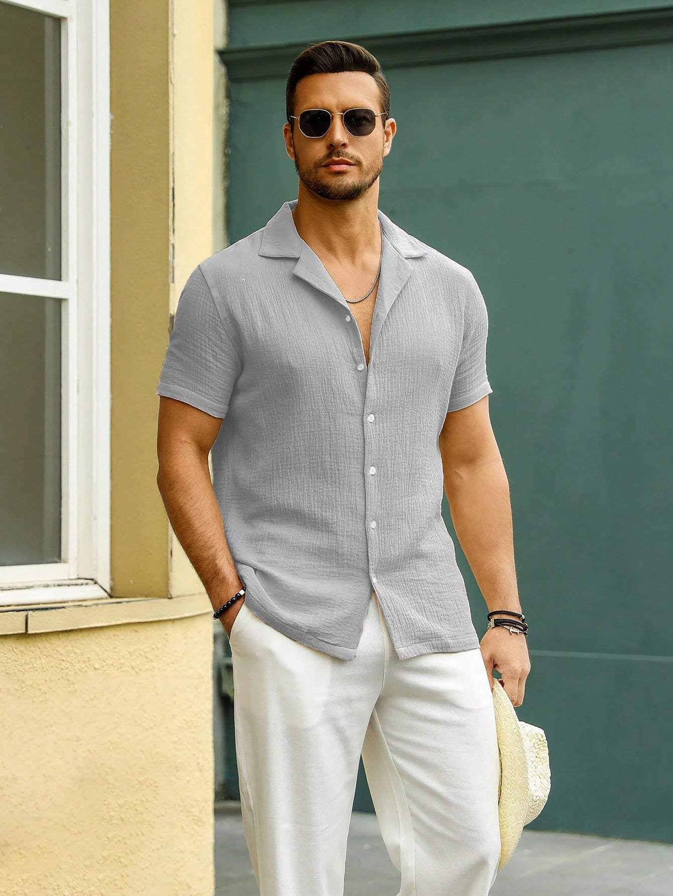 Men'S Slim Fit Cuban Collar Short Sleeve Guayabera Shirt, Casual Summer Wedding Beach Top