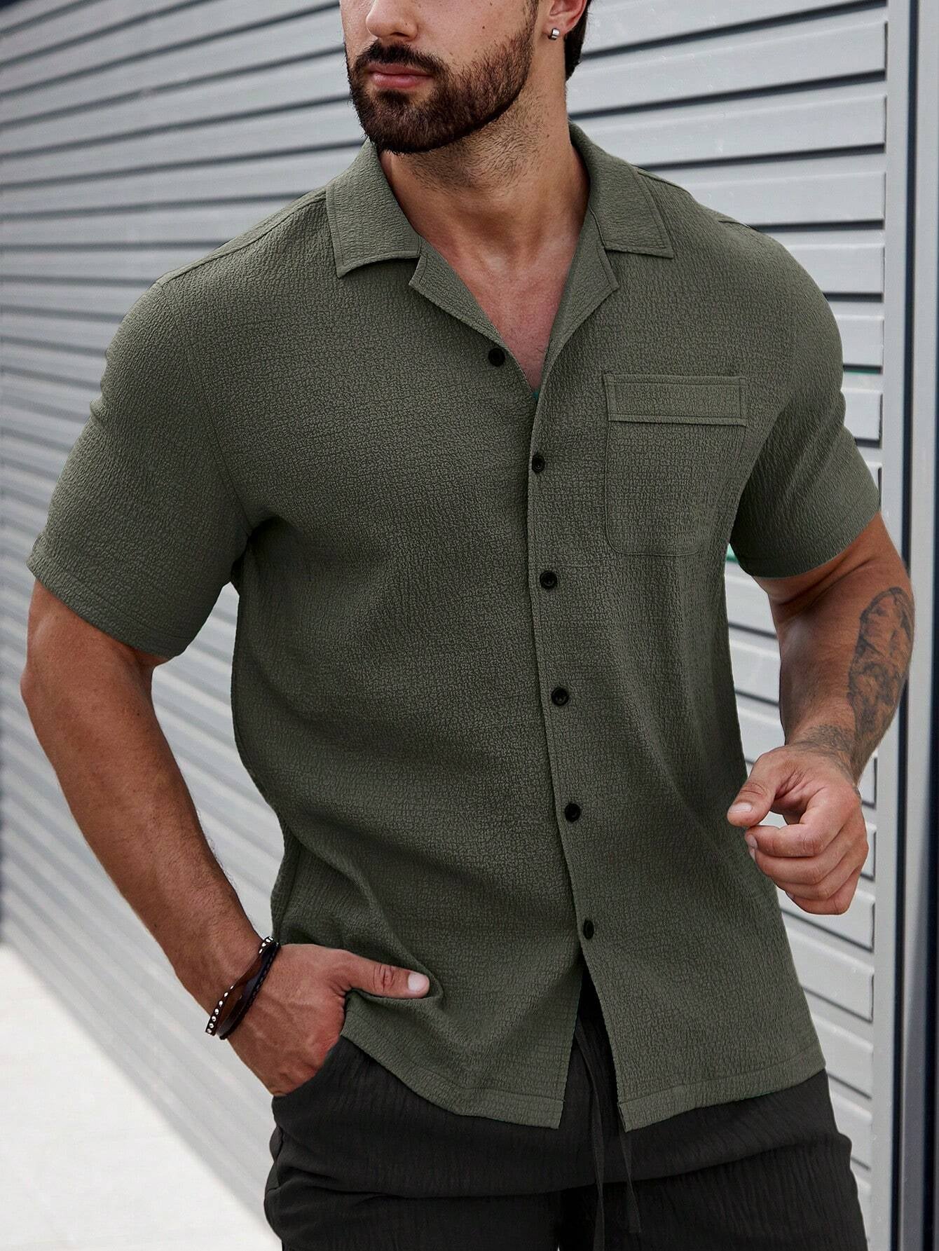 Manfinity Casualcool Men Solid Button up Pocket Patched Shirt