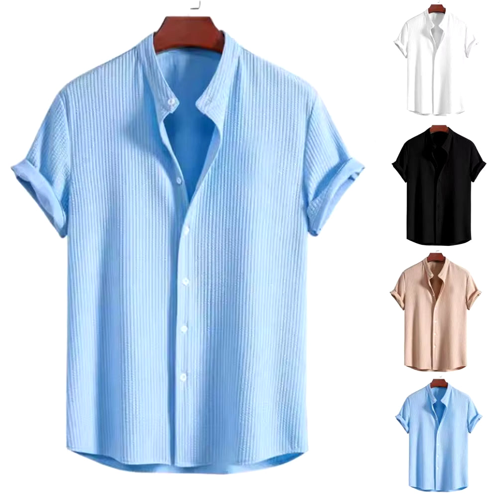 Retro Shirt Men Vintage Shirt Stylish Men'S Stand Collar Cardigan Shirt for Business Wear Short Sleeve Button-Down Top Solid