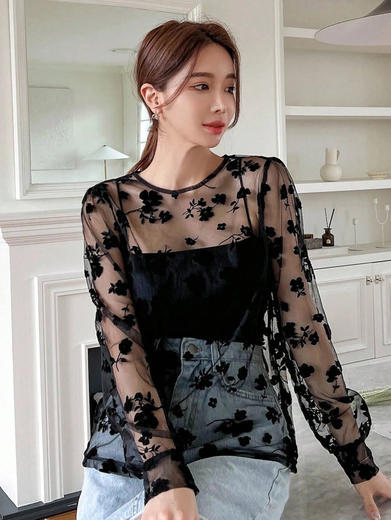 DAZY Floral Embroidery Mesh Top without Cami Top Going Out Tops Sheer