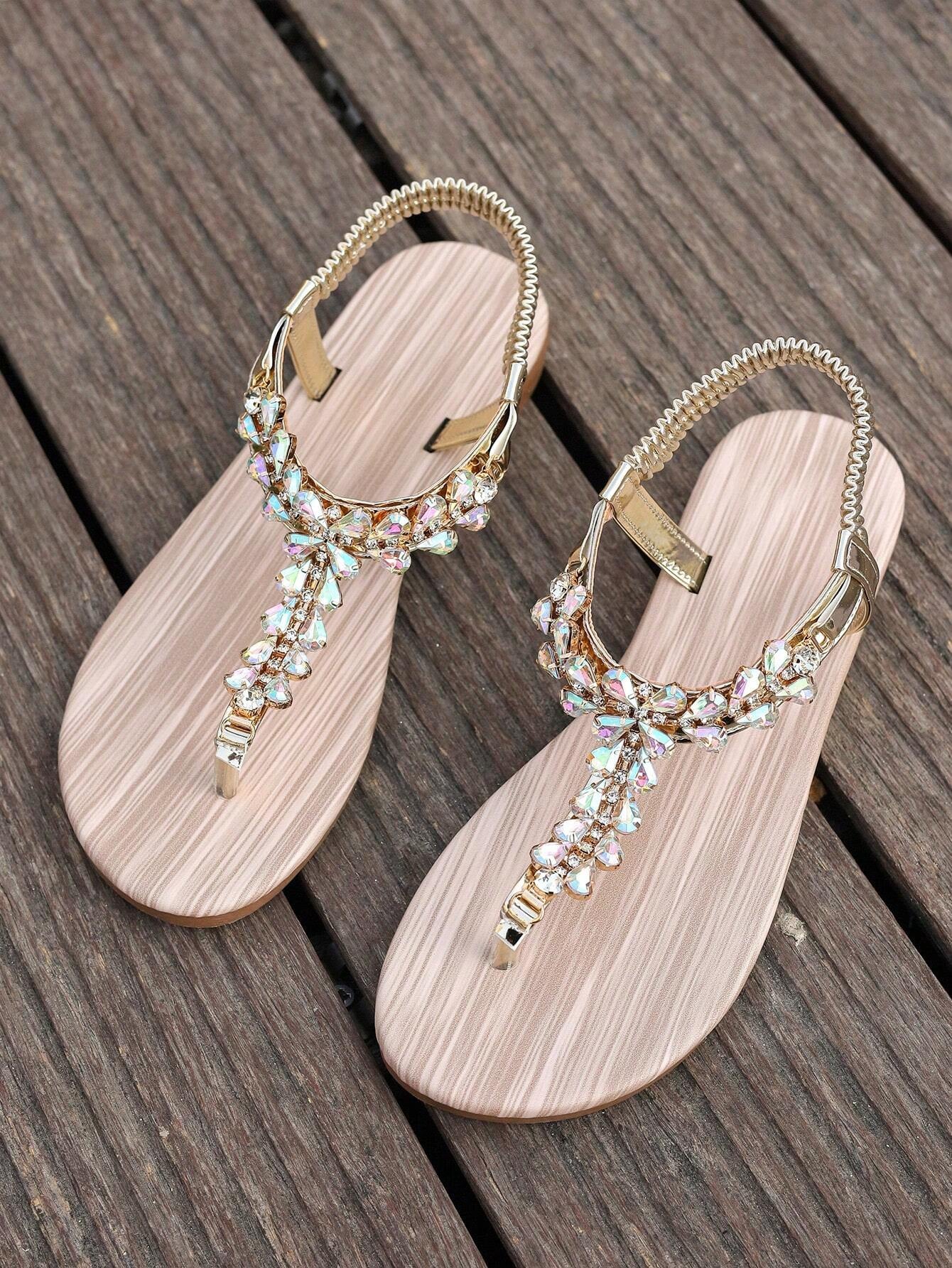 Gold Sandals Summer Women Shoes Roman Style Rhinestone Flat Heels Lightweight Slip-Ons Sexy Bohemian Beach Party Sandals