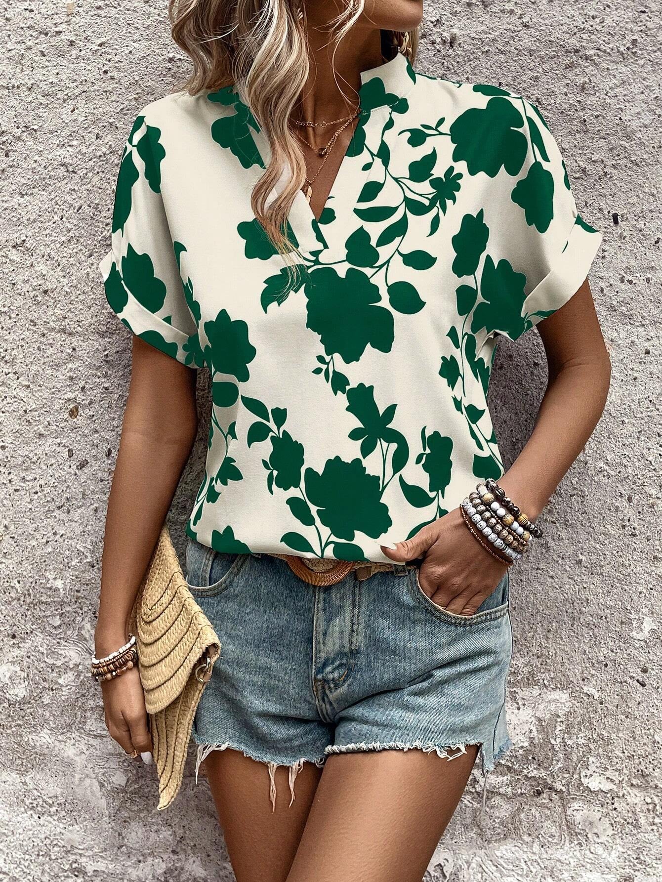 LUNE Holiday Casual Floral Printed Notched Neck Batwing Sleeve Blouse