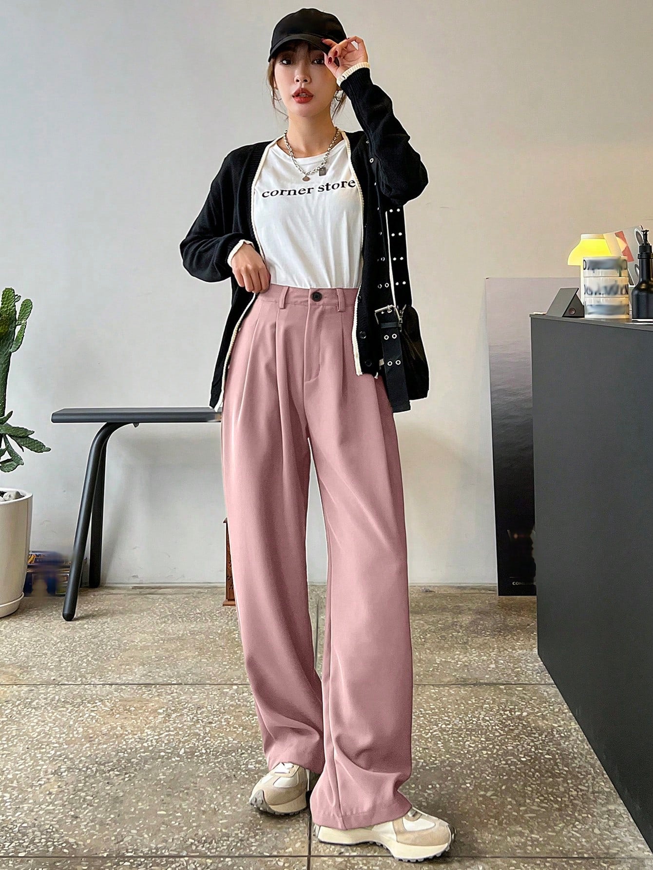 DAZY Women'S Solid Color Pleated Straight Leg Business Casual Pants