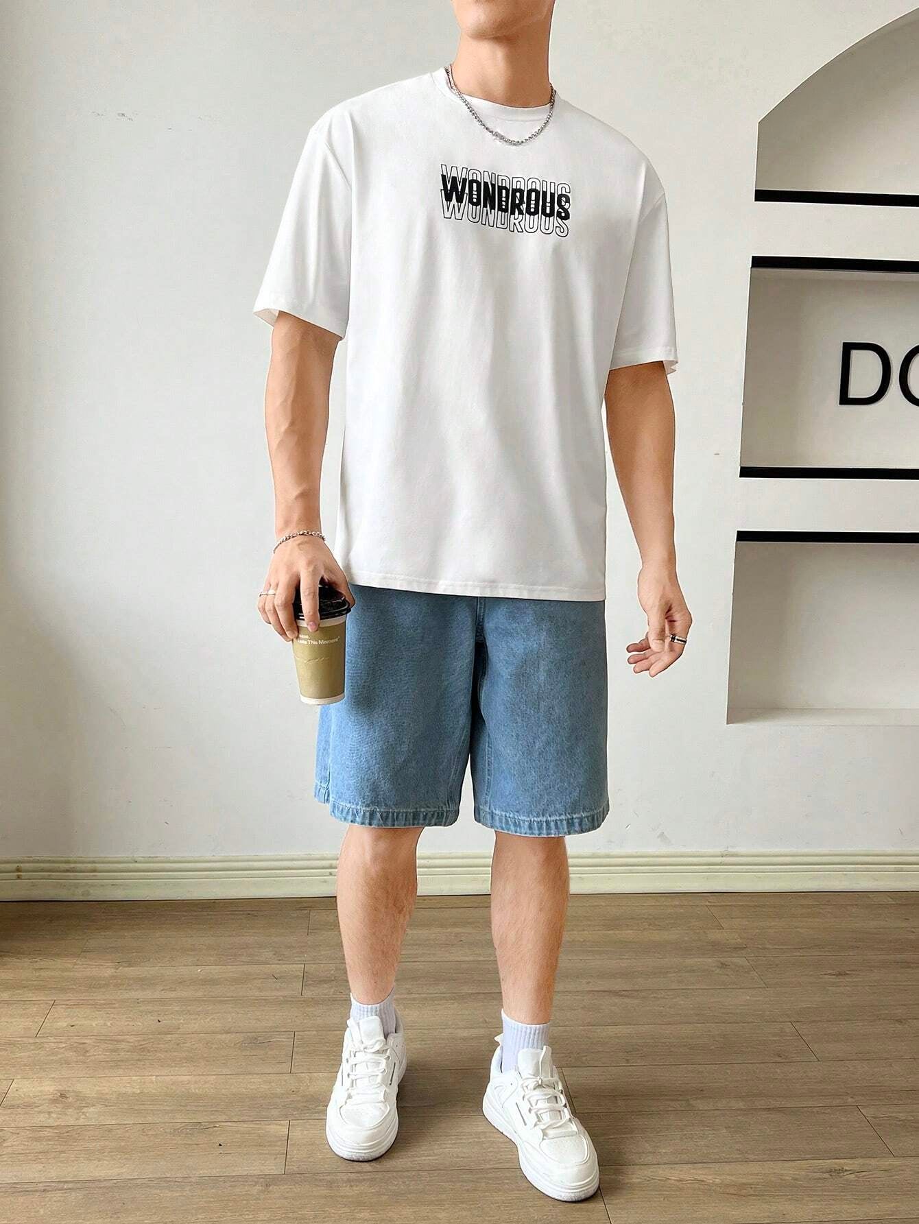 SWAVVY Loose Fit Men'S Elastic Knit T-Shirt with Slogan Print, Summer