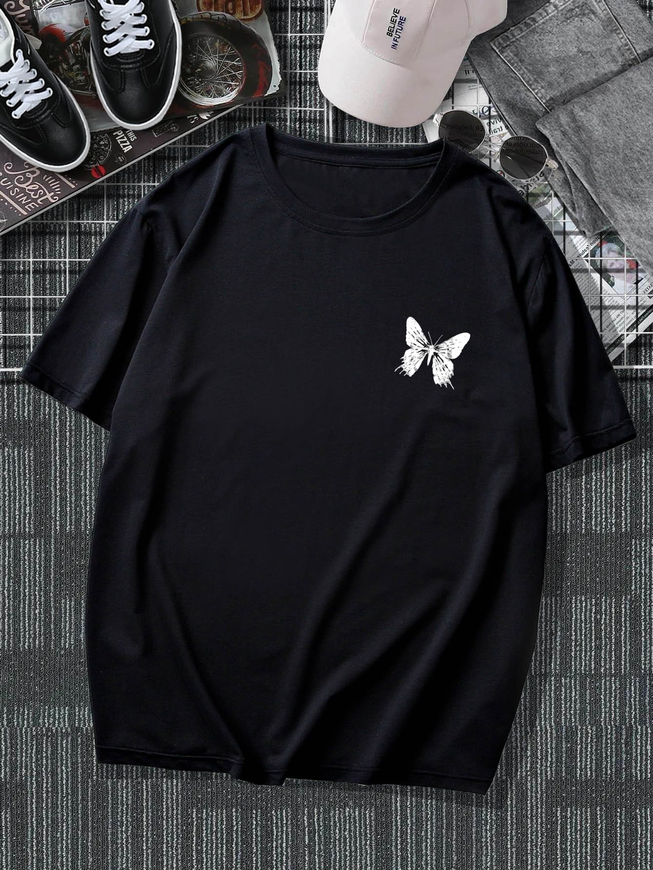 Manfinity EMRG Men T-Shirts Fit Crew Neck Short Sleeve Graphic Tee Butterfly Street Summer Polyester