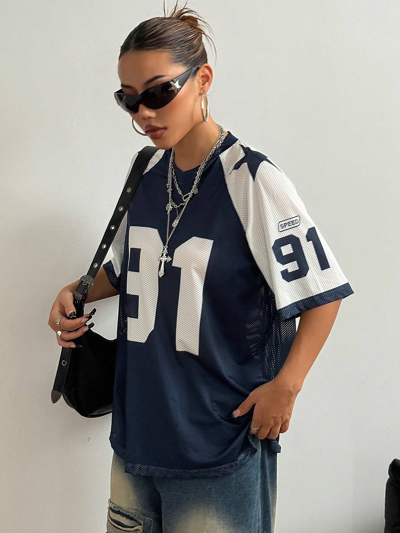 Flirla Breathable Mesh Color Block Numeric Print Loose Fit T-Shirt, Spring/Summer Graphic Tees Women Tops