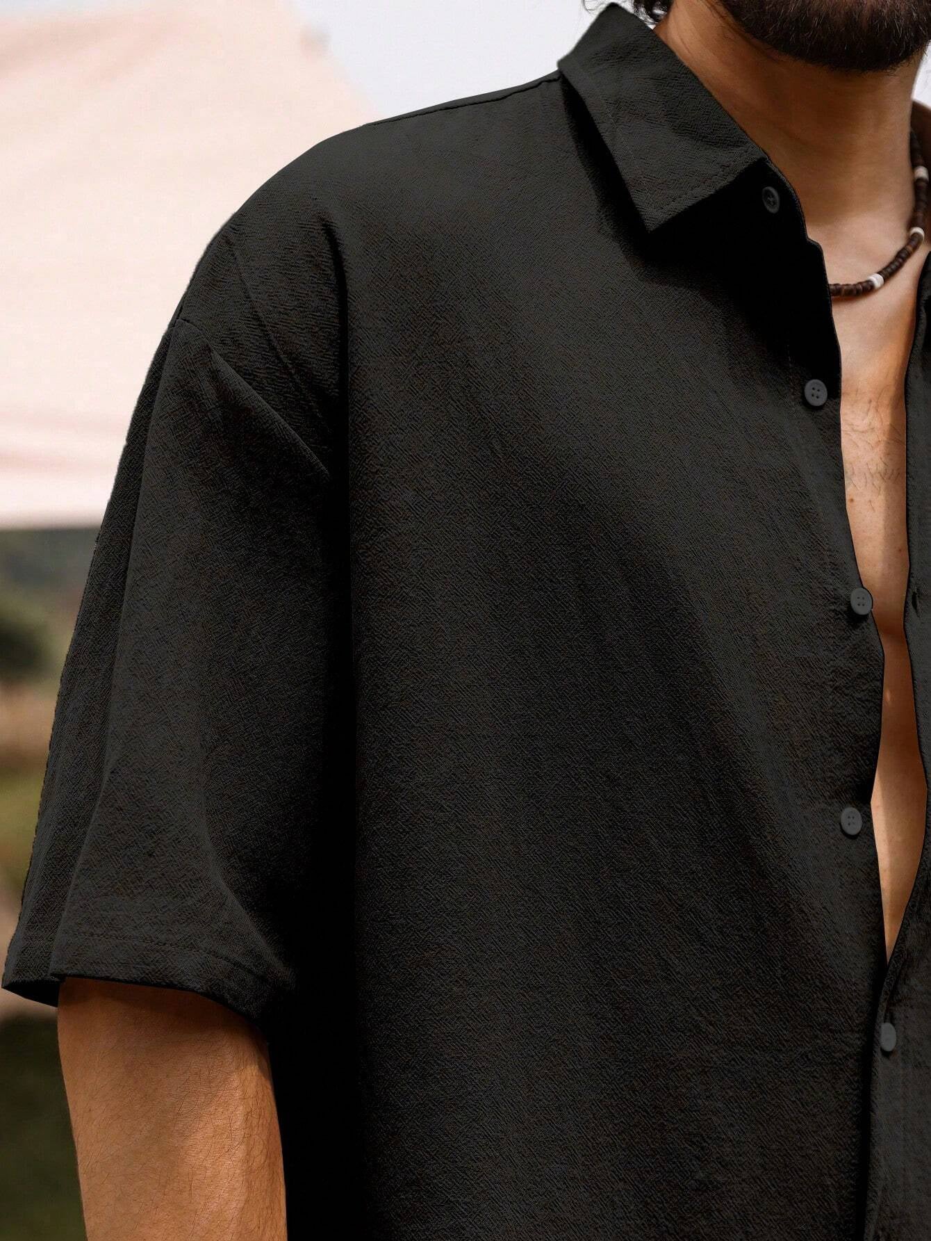 Manfinity Nomadique Men'S Solid Color Short Sleeve Turn-Down Collar Loose Fit Drop Shoulder Cotton Summer Shirt