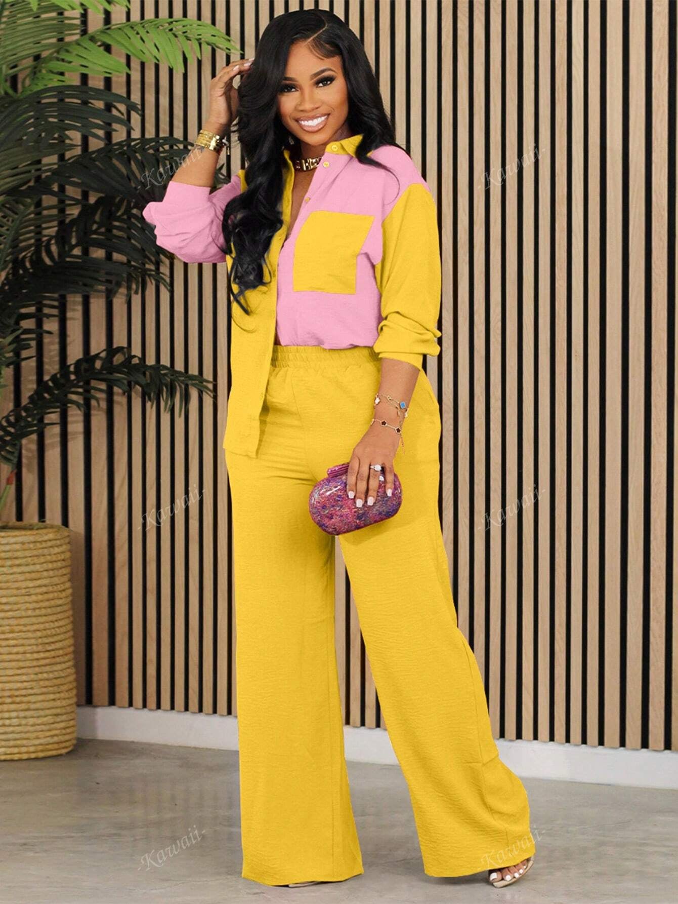 2Pcs Contrast Color Collared Casual Elegant Shirt and Solid Color Pants Set