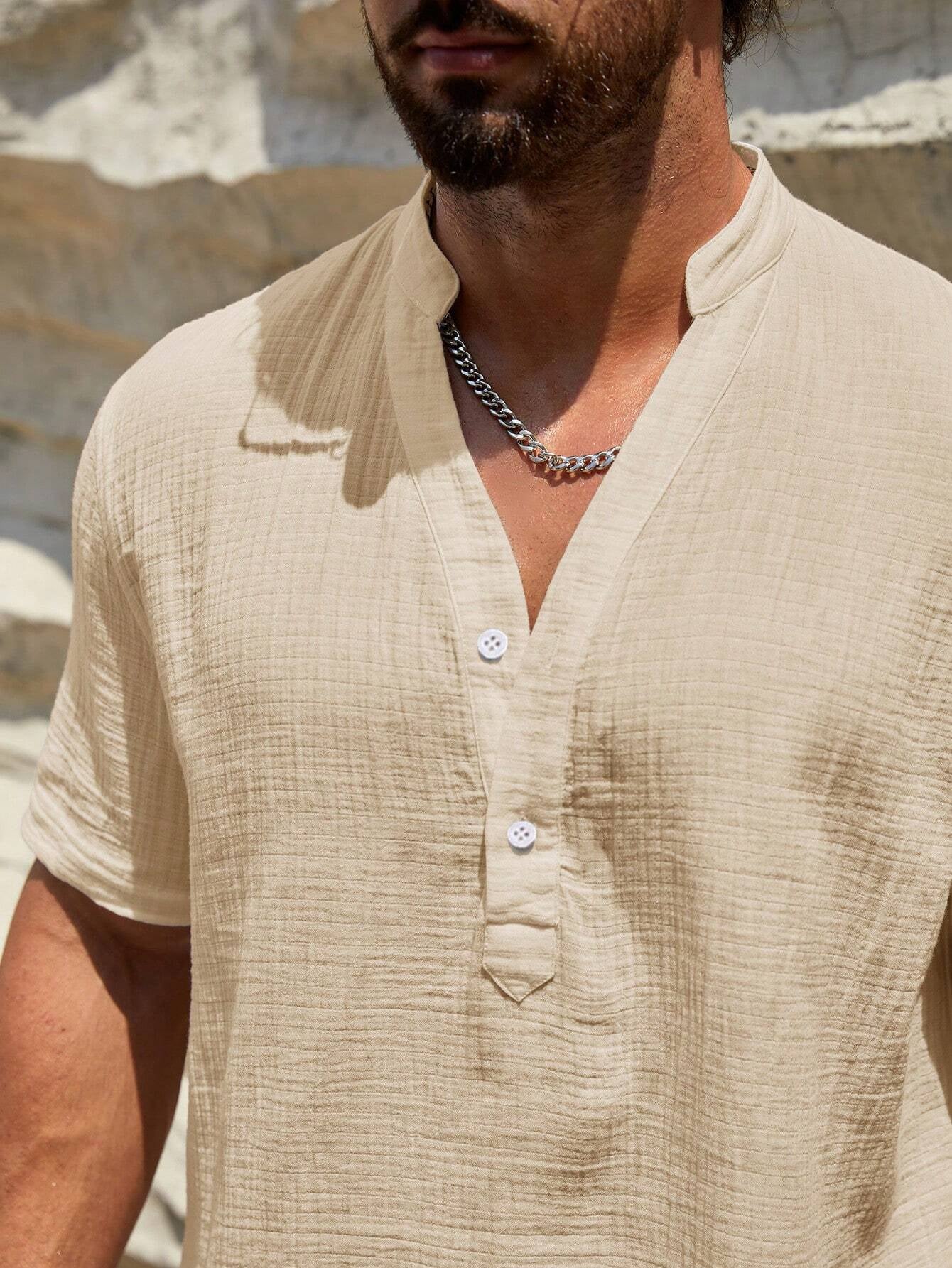 HIMLAND Men'S Textured Casual Shirt with Notched Collar