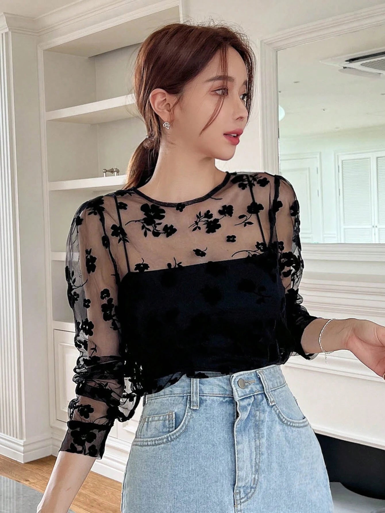 DAZY Floral Embroidery Mesh Top without Cami Top Going Out Tops Sheer
