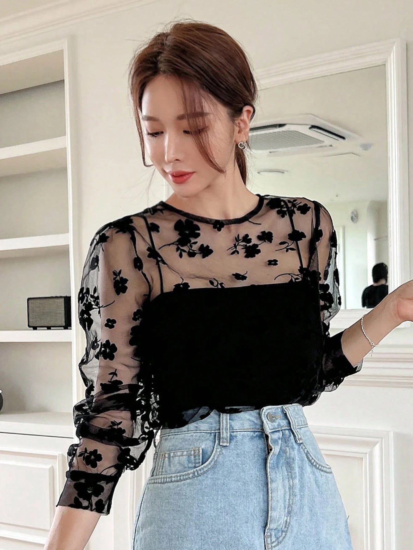 DAZY Floral Embroidery Mesh Top without Cami Top Going Out Tops Sheer