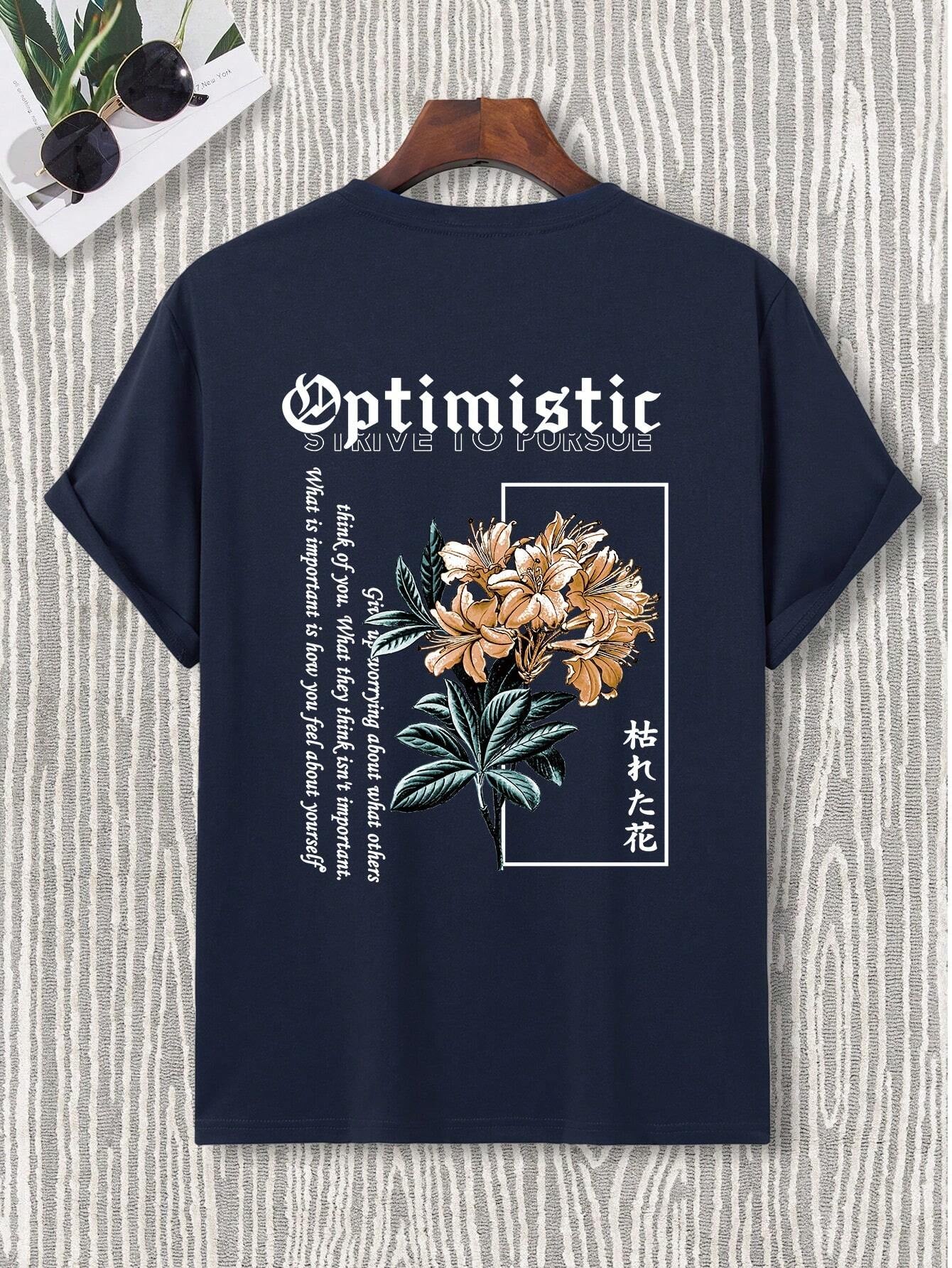 Manfinity LEGND Men Summer Sports and Leisure Short Sleeve T-Shirt with Letter and Flower Printing