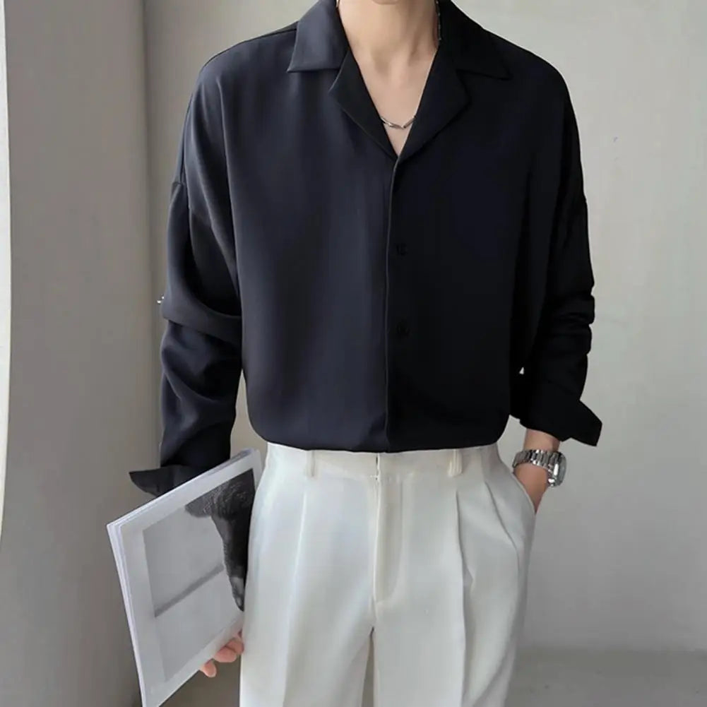 Men Clothing Senior Spring Cuban Neck Shirt for Men Solid Color Fashion Loose Casual Drop Long Sleeve Men Dress Shirt