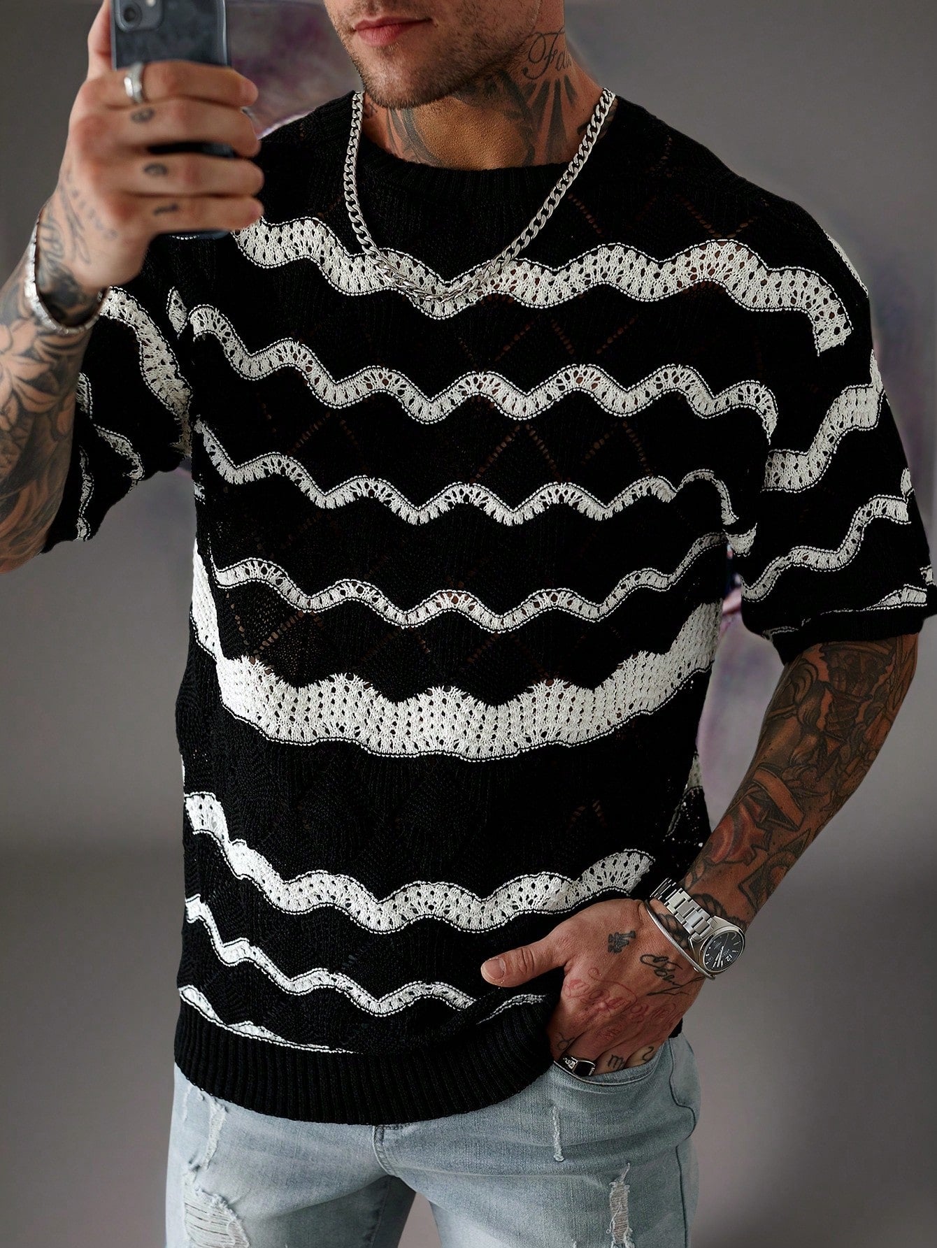 Manfinity Homme Men'S Wave Stripe Crew Neck Short Sleeve Casual Knit Top