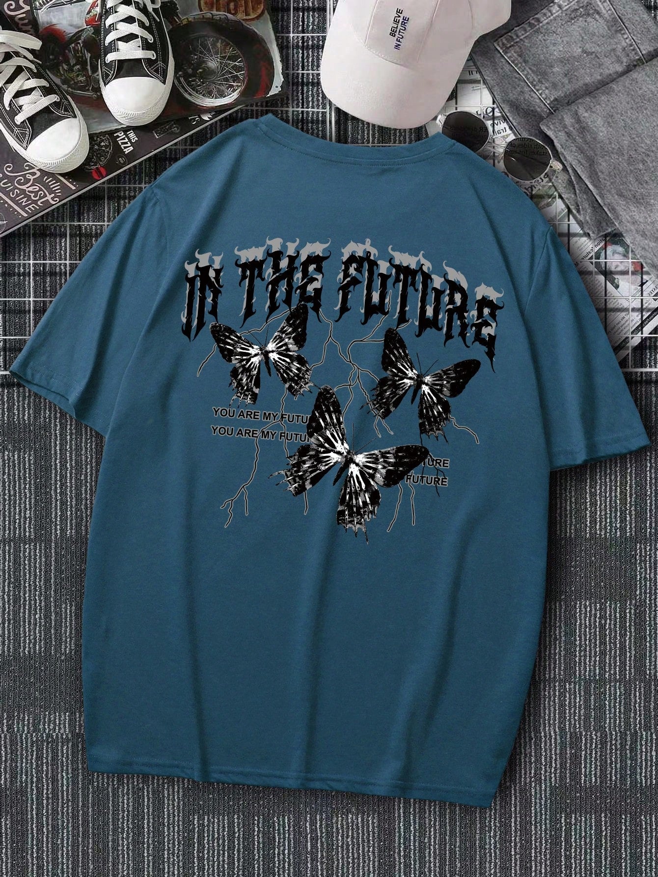 Manfinity EMRG Men T-Shirts Fit Crew Neck Short Sleeve Graphic Tee Butterfly Street Summer Polyester