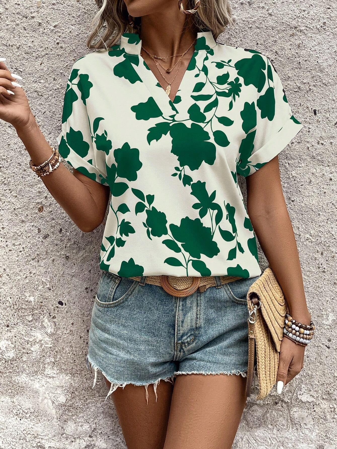 LUNE Holiday Casual Floral Printed Notched Neck Batwing Sleeve Blouse