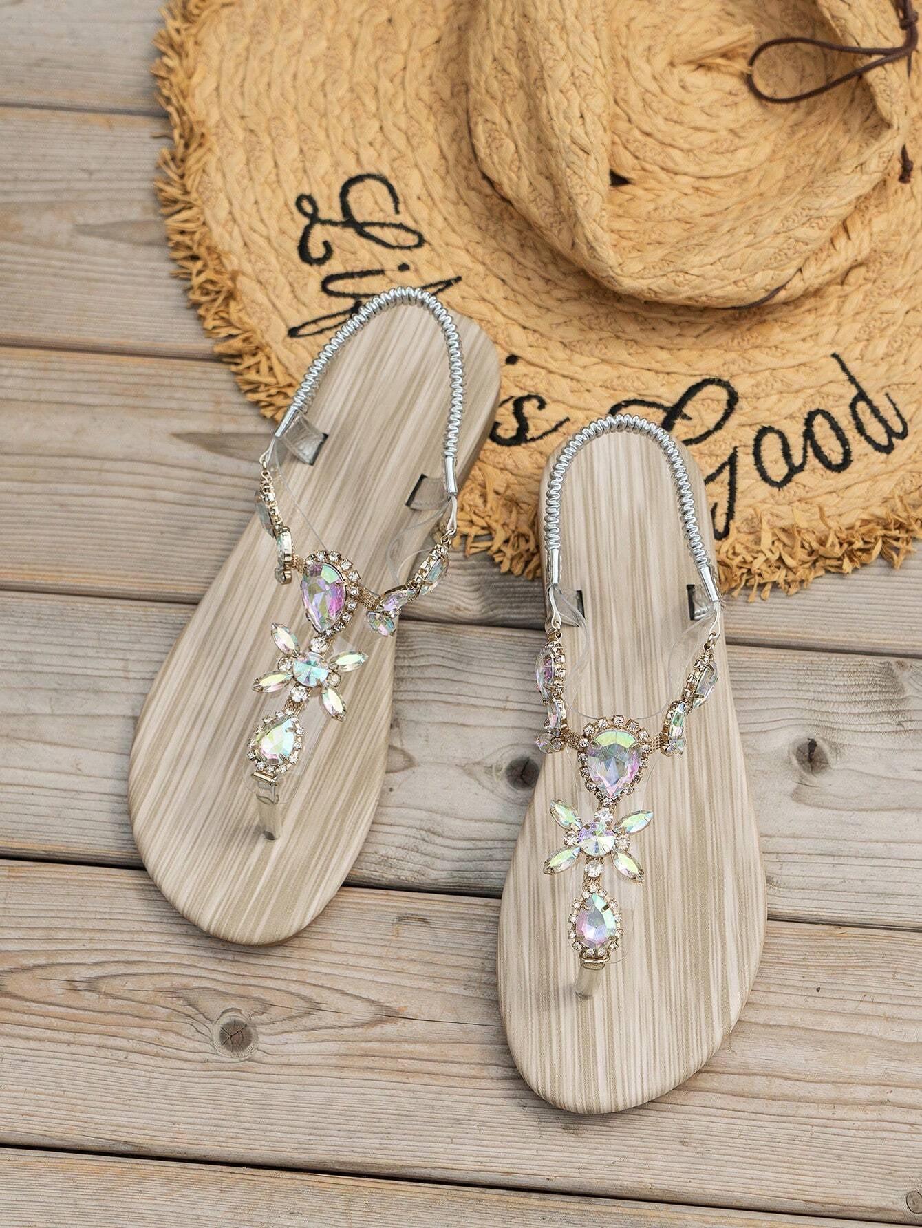 Gold Sandals Summer Women Shoes Roman Style Rhinestone Flat Heels Lightweight Slip-Ons Sexy Bohemian Beach Party Sandals