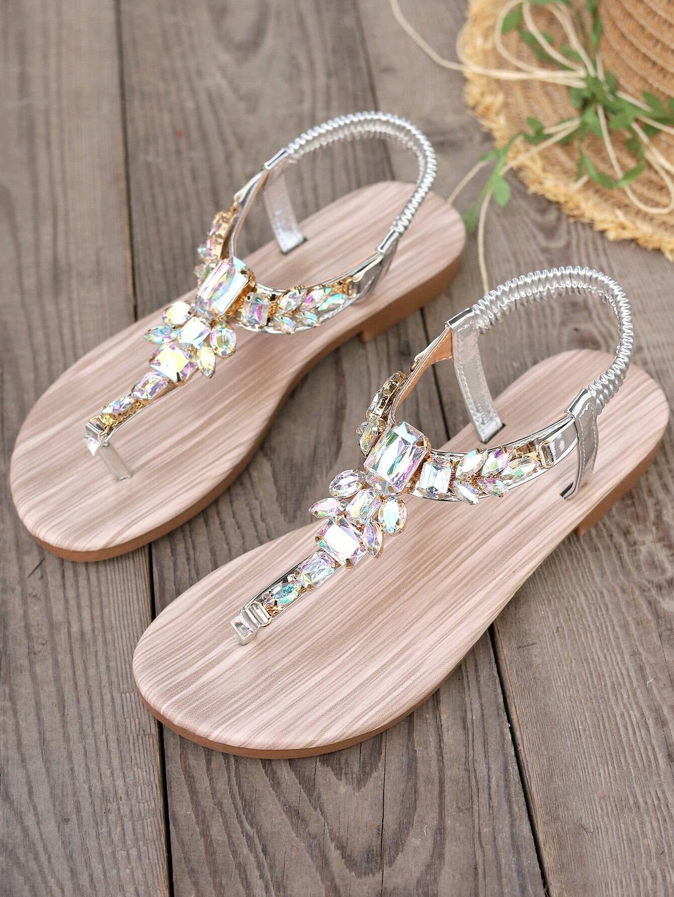 Gold Sandals Summer Women Shoes Roman Style Rhinestone Flat Heels Lightweight Slip-Ons Sexy Bohemian Beach Party Sandals