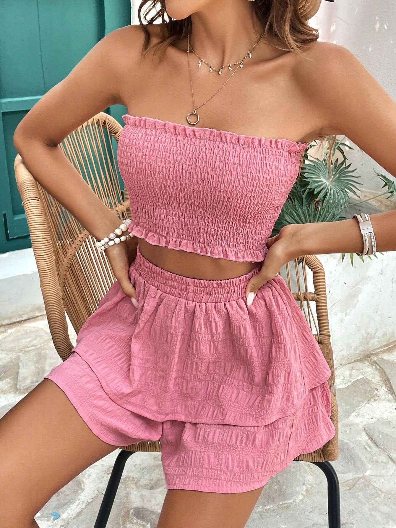 VCAY Women'S Summer Strapless Ruffle Hem Top and Tiered Shorts Casual Vacation Printed Outfit in Textured Fabric