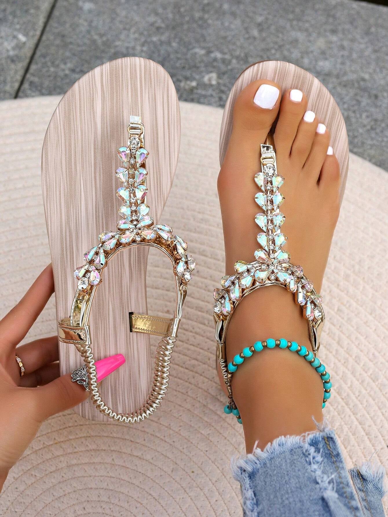 Gold Sandals Summer Women Shoes Roman Style Rhinestone Flat Heels Lightweight Slip-Ons Sexy Bohemian Beach Party Sandals