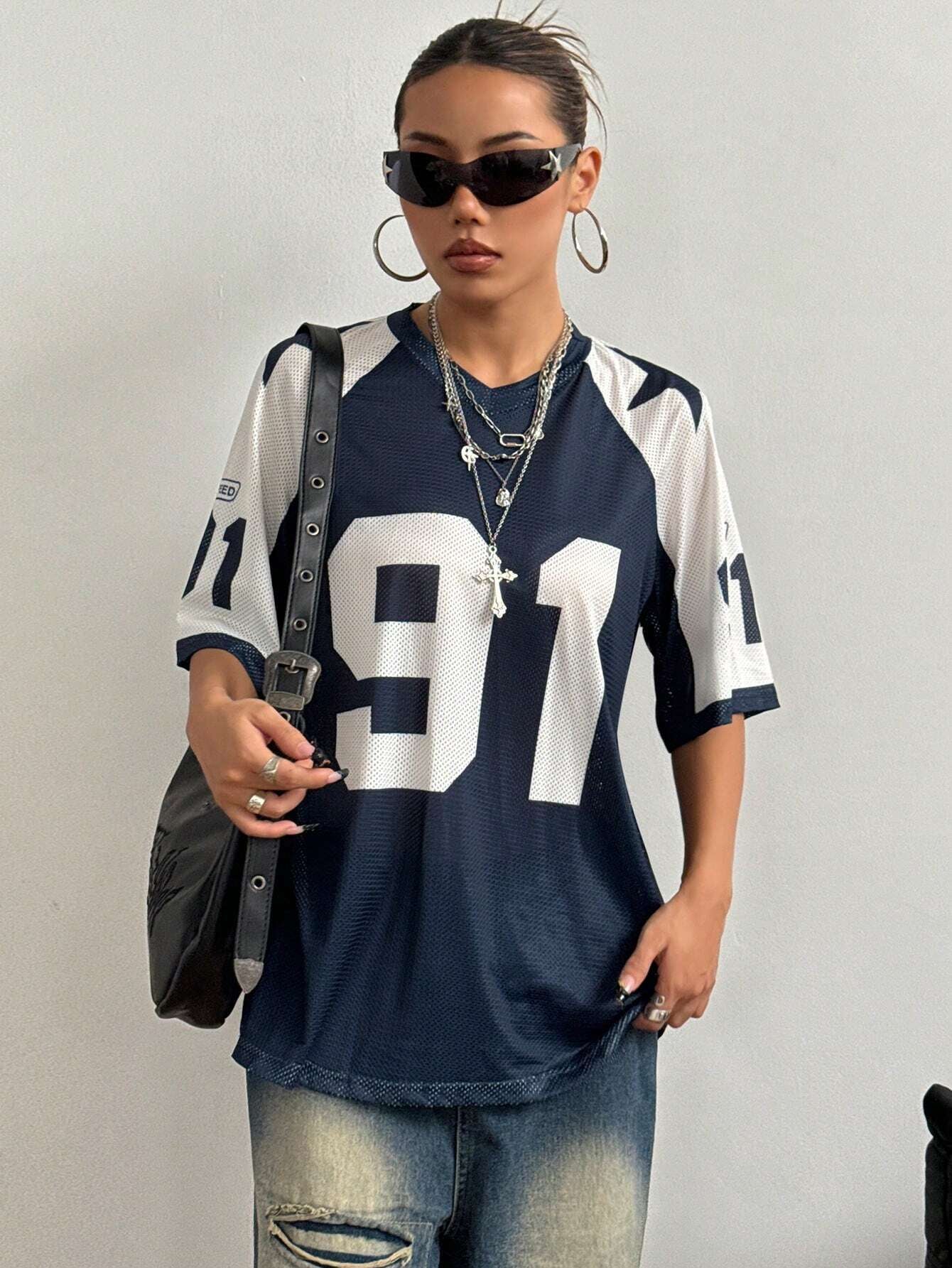 Flirla Breathable Mesh Color Block Numeric Print Loose Fit T-Shirt, Spring/Summer Graphic Tees Women Tops