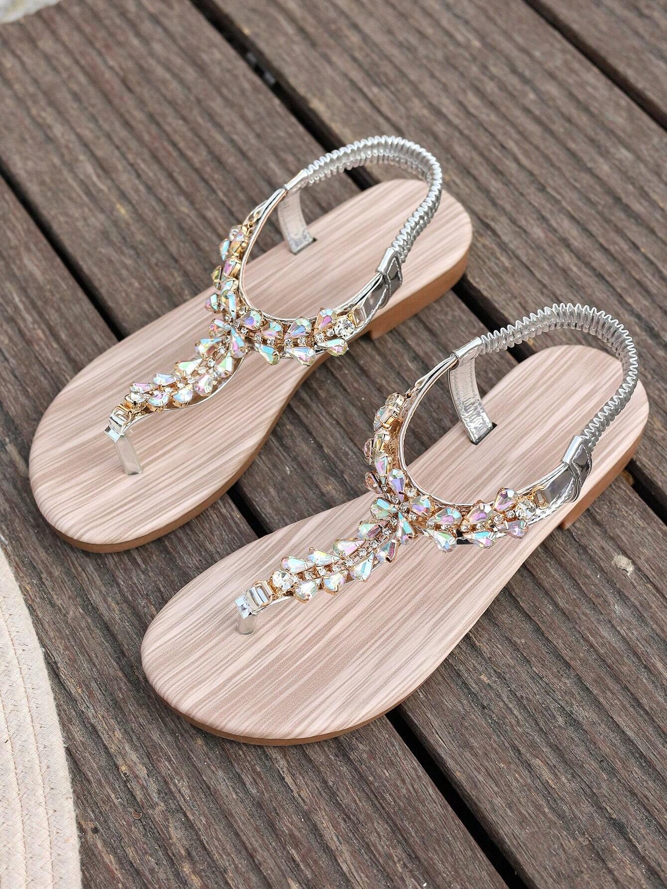 Gold Sandals Summer Women Shoes Roman Style Rhinestone Flat Heels Lightweight Slip-Ons Sexy Bohemian Beach Party Sandals