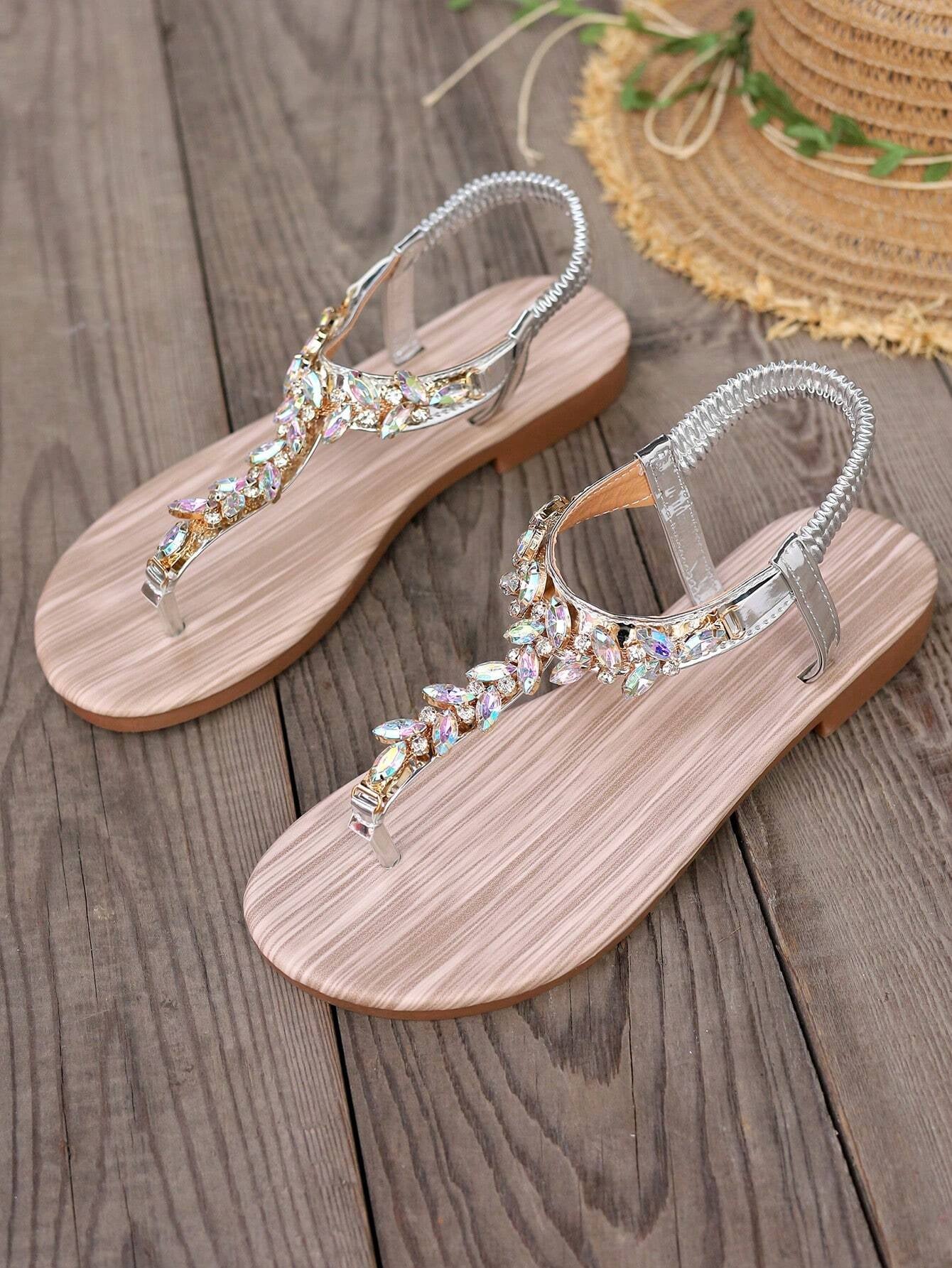 Gold Sandals Summer Women Shoes Roman Style Rhinestone Flat Heels Lightweight Slip-Ons Sexy Bohemian Beach Party Sandals