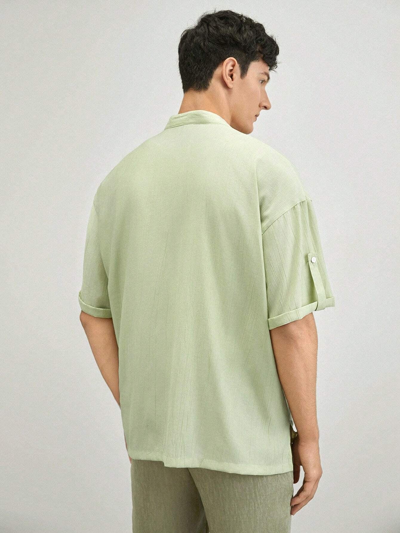 AKNOTIC Business Casual Men'S Woven Stand Collar Short Sleeve Casual Shirt, Suitable for Summer