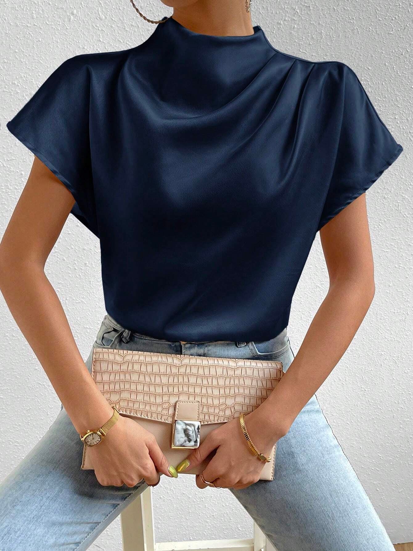 Rosydaze Stand Collar Plain Color Pleated Silk Elegant Short Sleeve Shirt