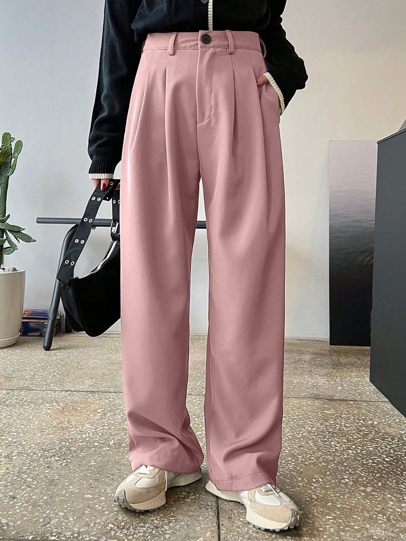 DAZY Women'S Solid Color Pleated Straight Leg Business Casual Pants