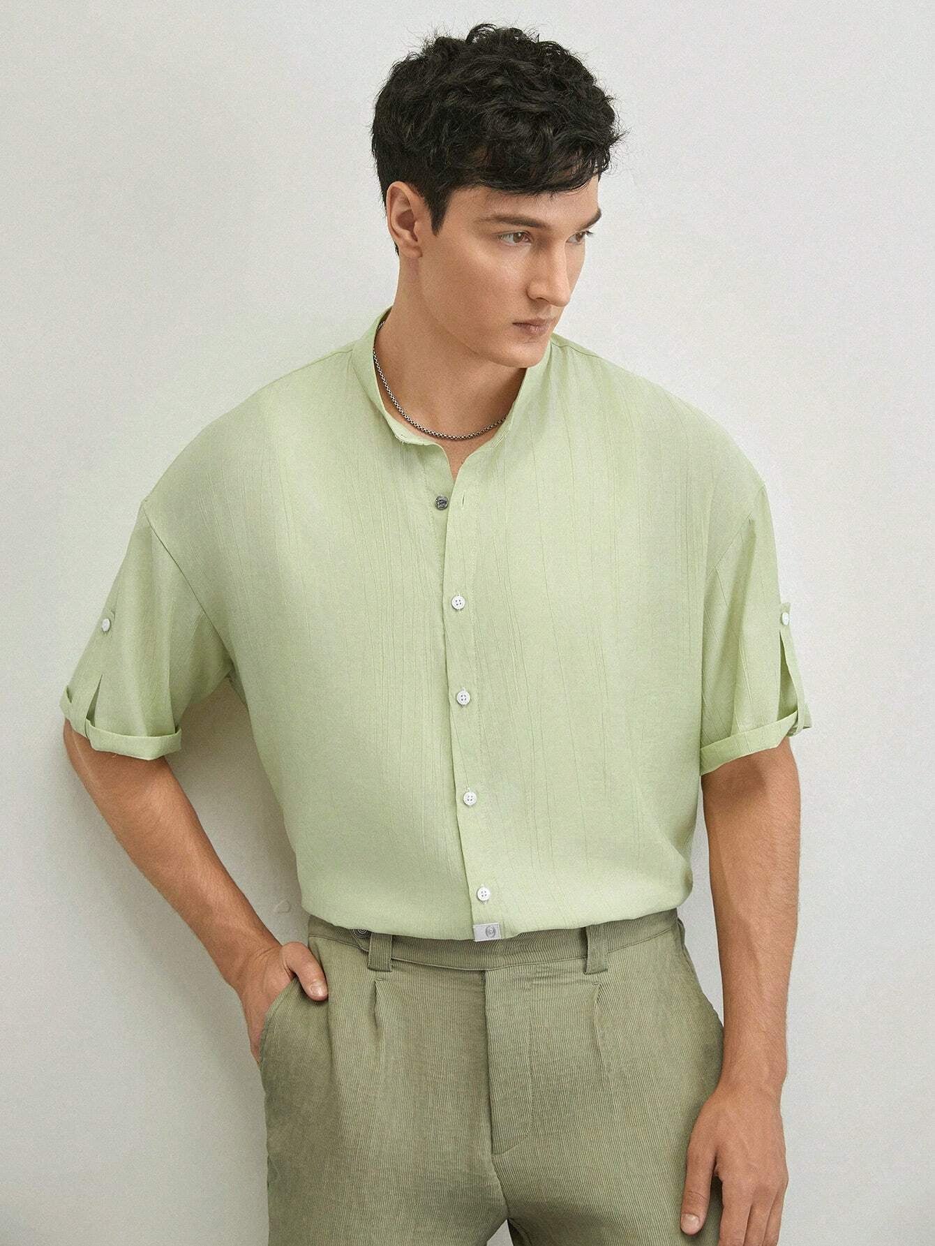 AKNOTIC Business Casual Men'S Woven Stand Collar Short Sleeve Casual Shirt, Suitable for Summer