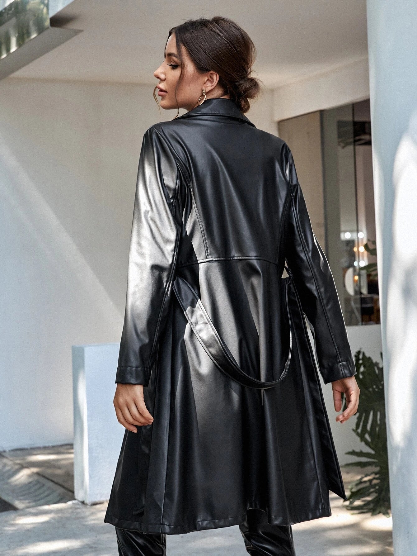 X Carly Lawrence Calvaya Lapel Collar Belted PU Trench Coat
