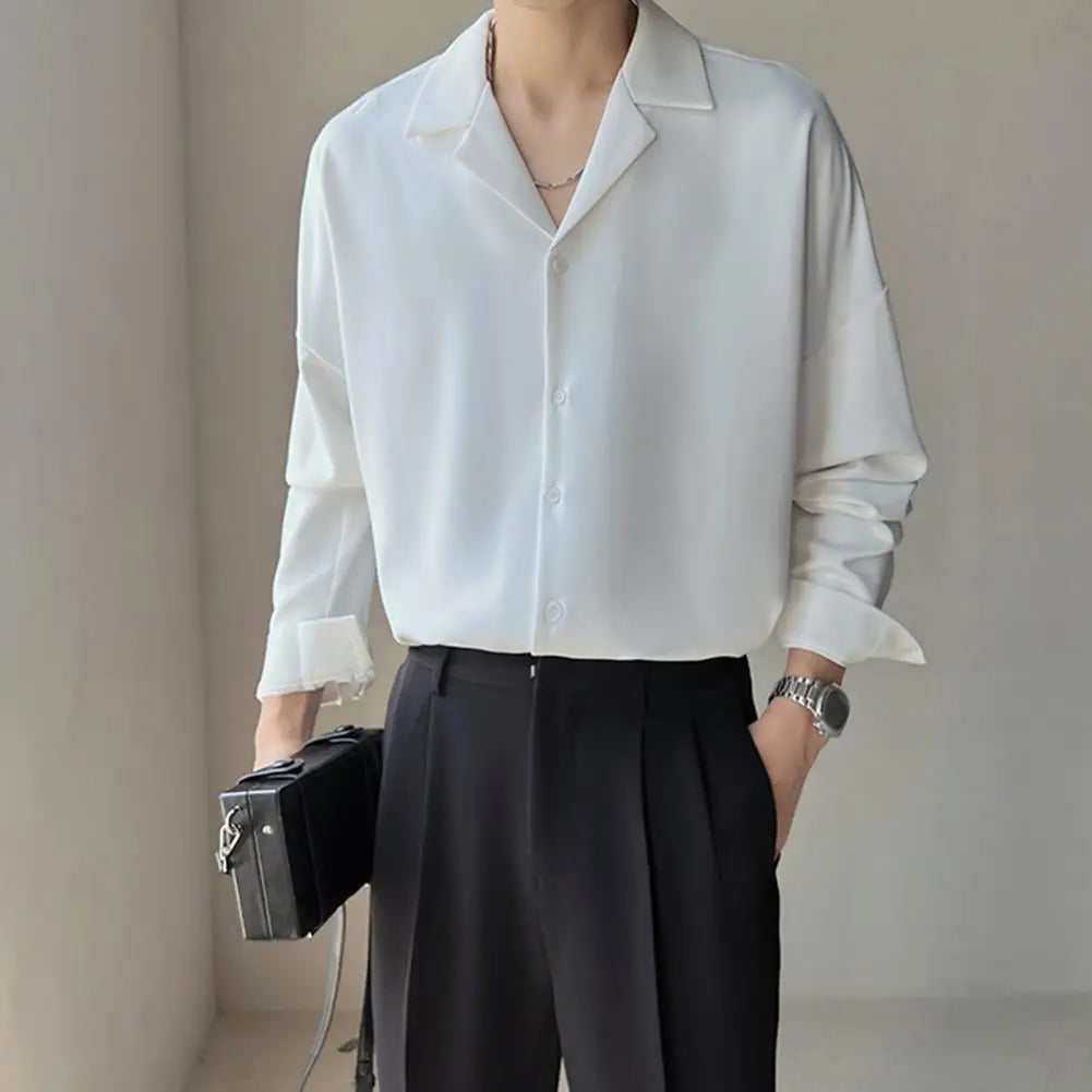 Men Clothing Senior Spring Cuban Neck Shirt for Men Solid Color Fashion Loose Casual Drop Long Sleeve Men Dress Shirt