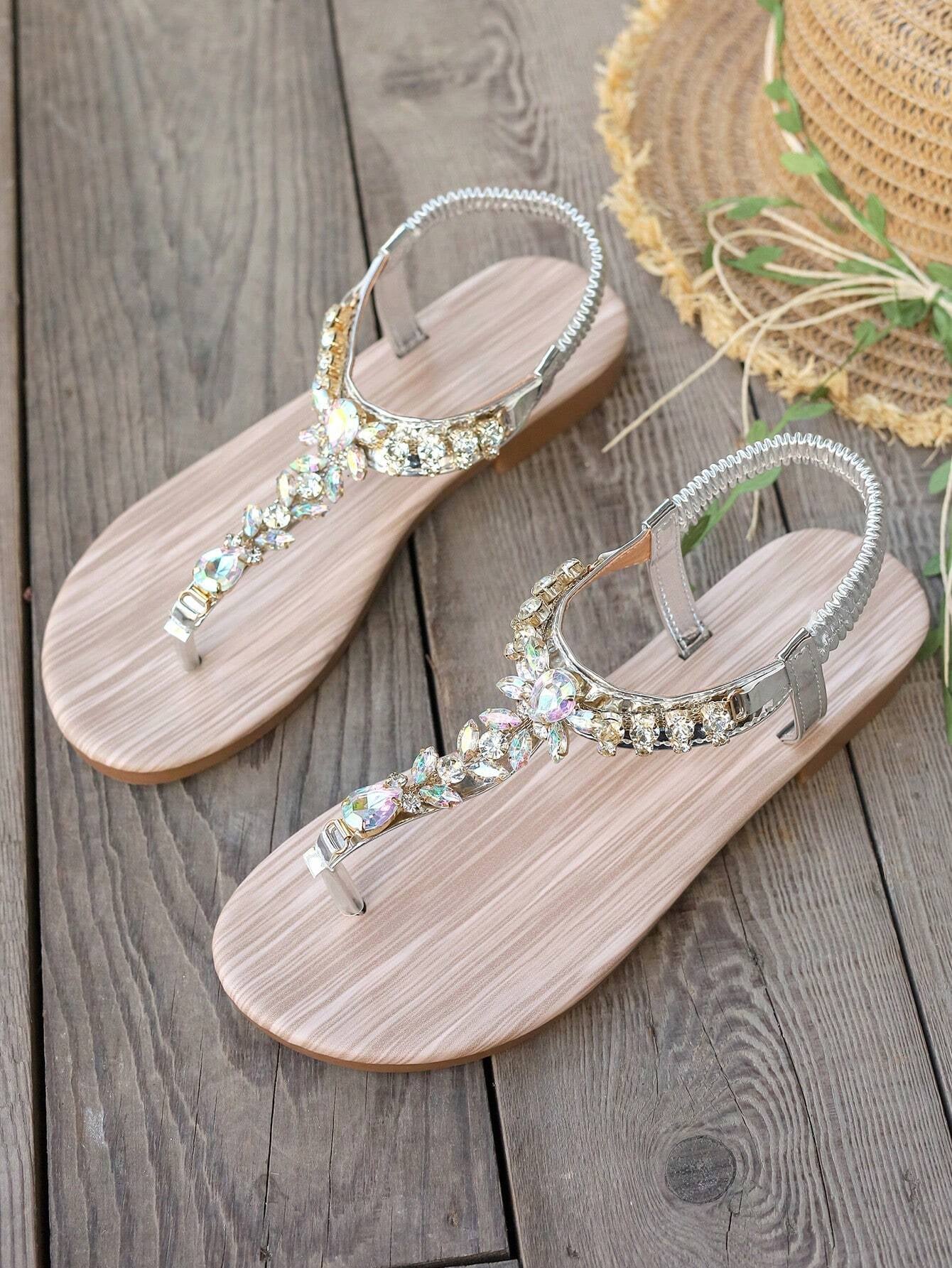 Gold Sandals Summer Women Shoes Roman Style Rhinestone Flat Heels Lightweight Slip-Ons Sexy Bohemian Beach Party Sandals