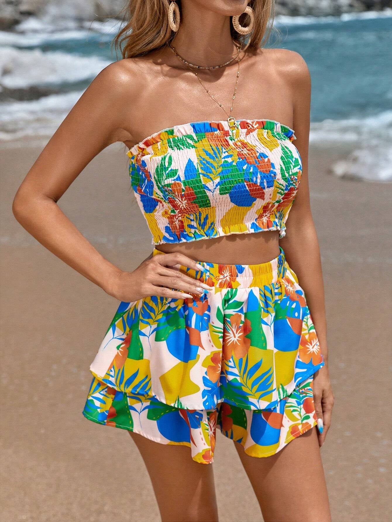 VCAY Summer Women'S Ruffle Tube Top and Tiered Shorts Casual Holiday Print Set
