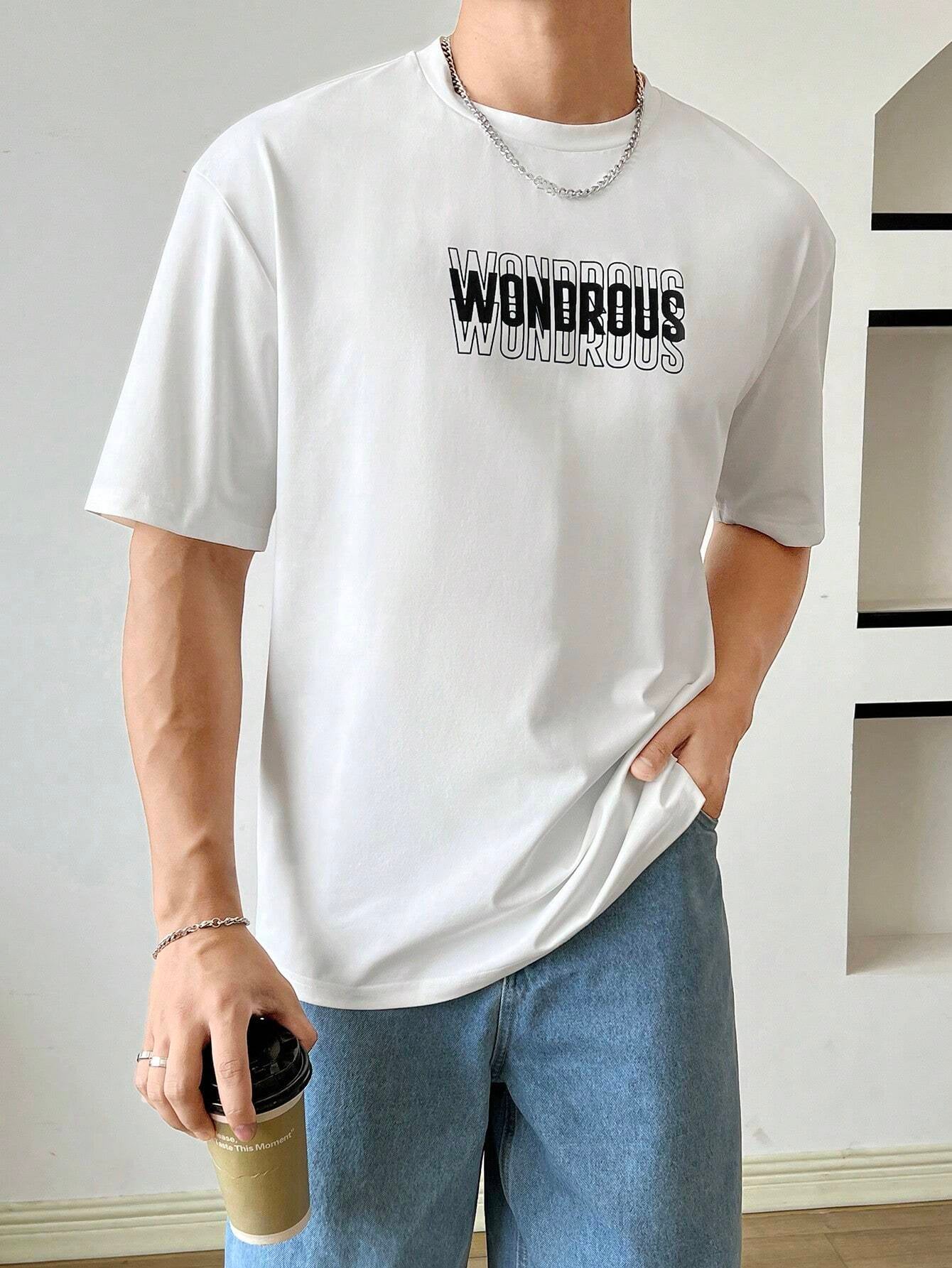 SWAVVY Loose Fit Men'S Elastic Knit T-Shirt with Slogan Print, Summer