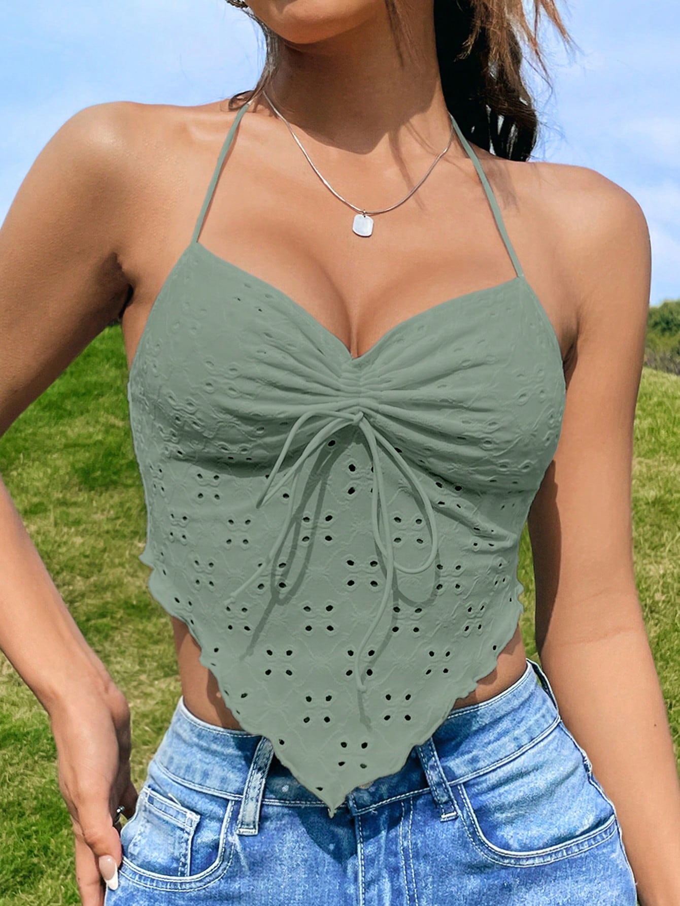 Soleia Drawstring Front Tie Backless Halter Top