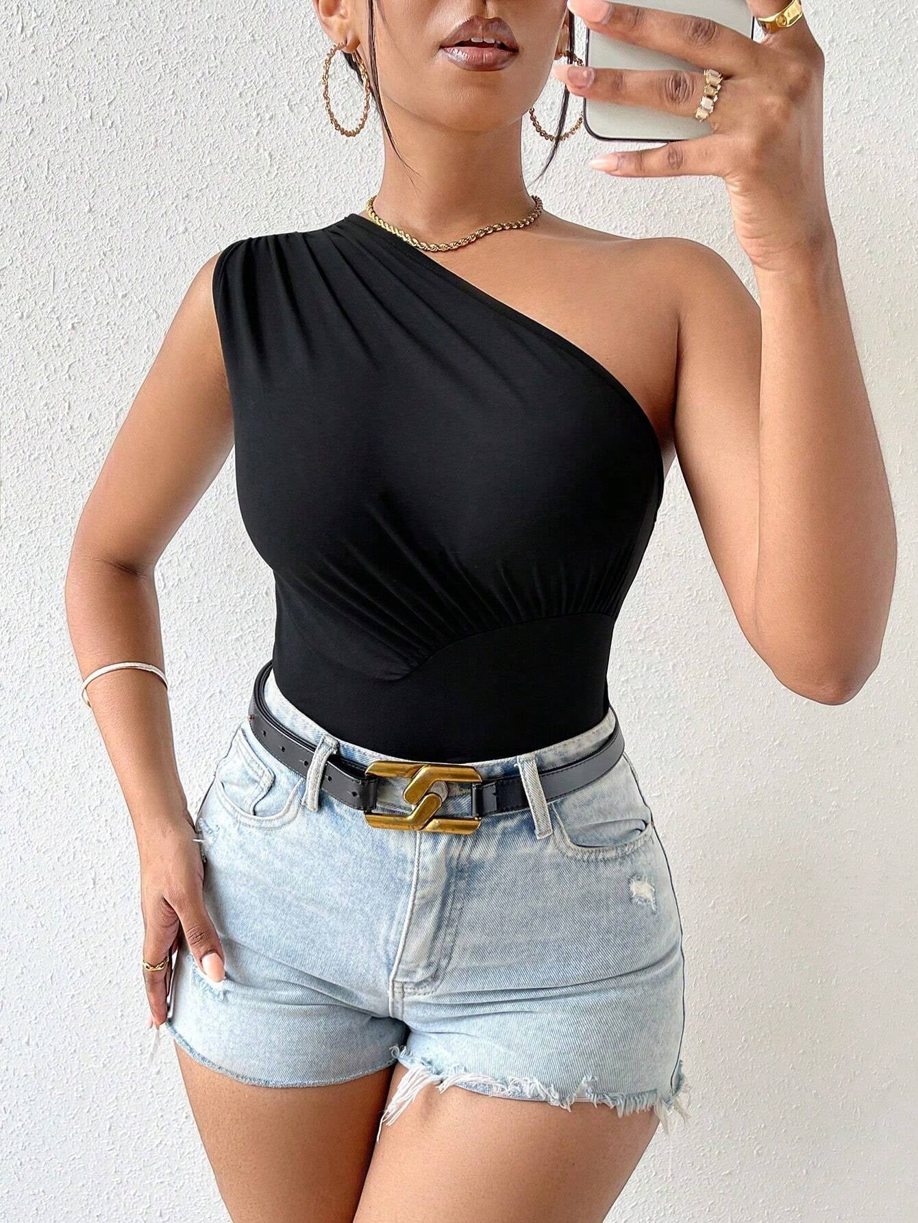 Vavabold Solid Top,Ladies Casual Ruched Asymmetrical Neck Slim Fit Black Plain Women Tops,Spring/Summer,Casual Daily Wear