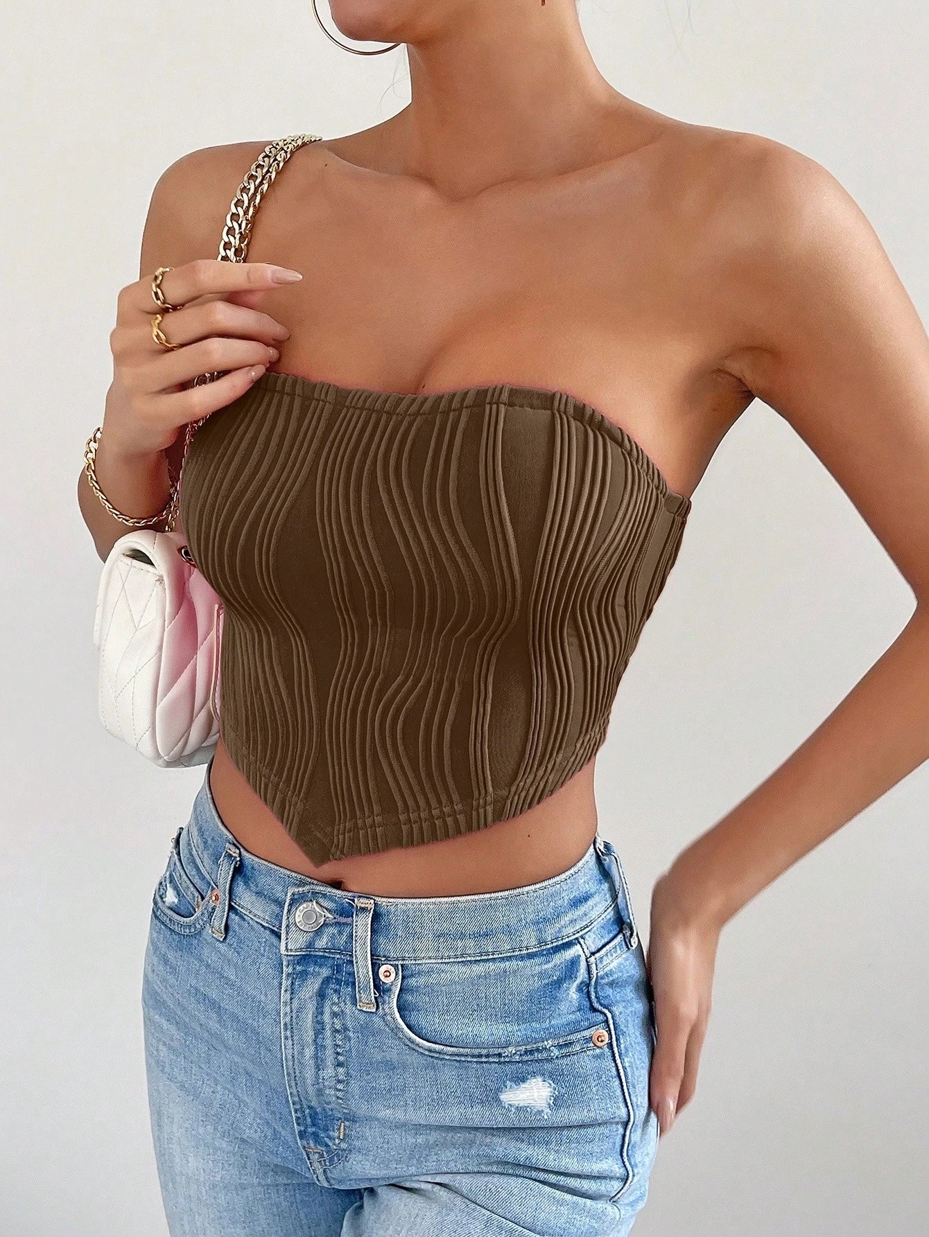 Chiquease Women Solid Color Textured Asymmetric Hem Cropped Bustier Top
