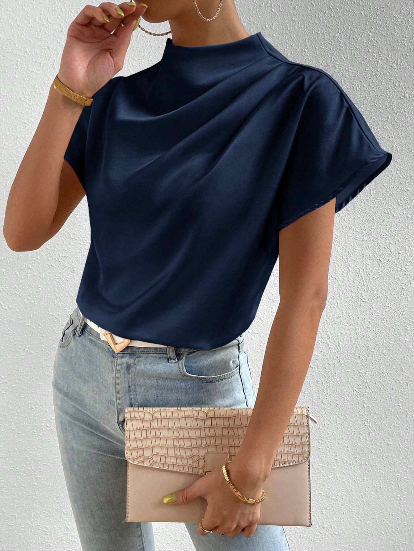 Rosydaze Stand Collar Plain Color Pleated Silk Elegant Short Sleeve Shirt