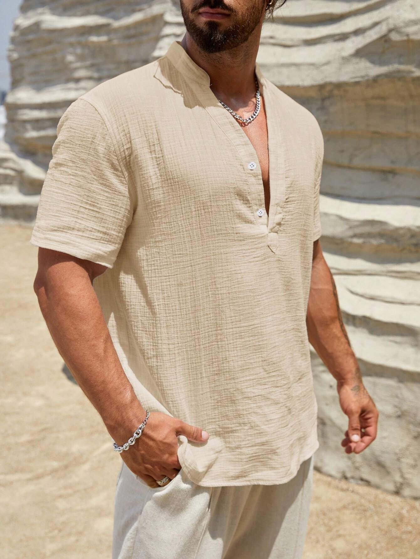 HIMLAND Men'S Textured Casual Shirt with Notched Collar